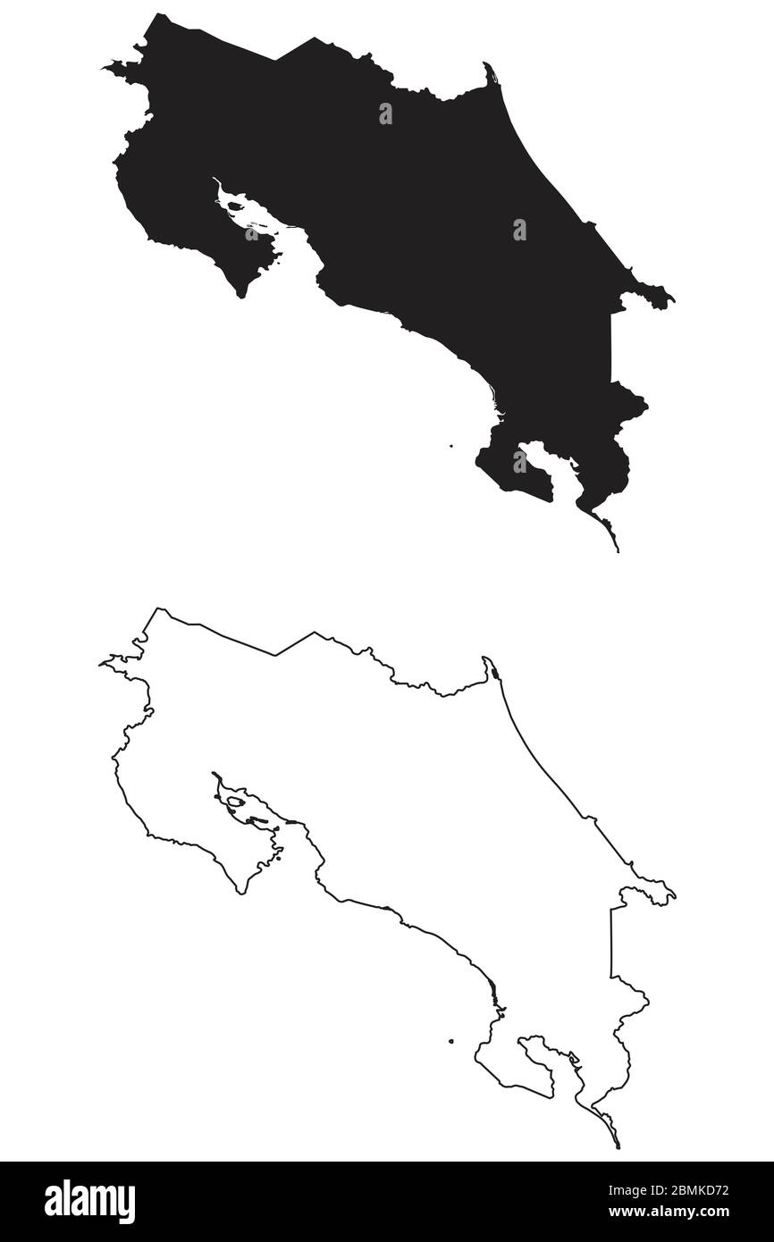 Costa Rica Country Map. Black silhouette and outline isolated on white background. EPS Vector Stock Vector