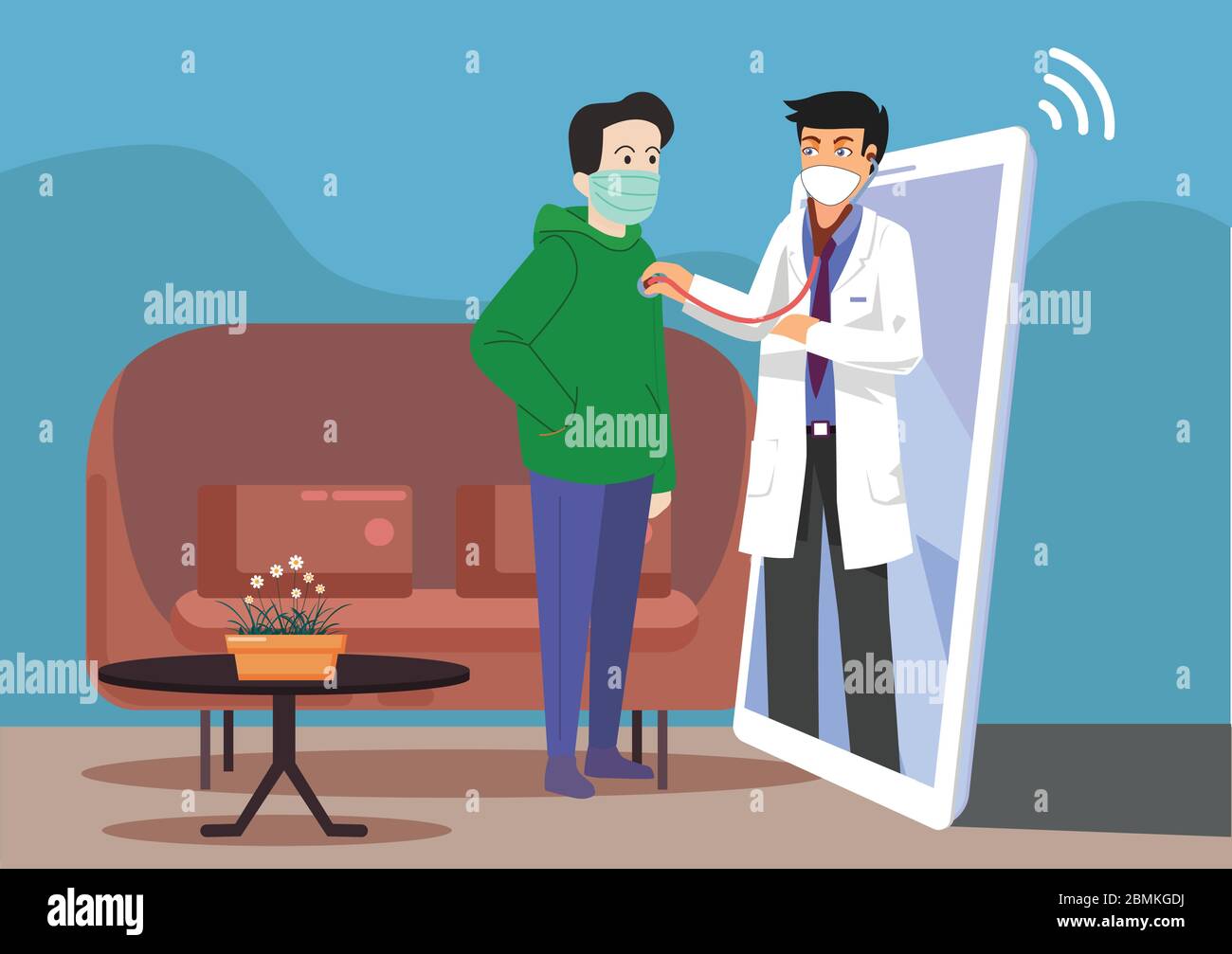 Online book doctor for home visit during the lock down through smart phone. Online health check-up at home with mobile application. check-up covid-19 Stock Vector