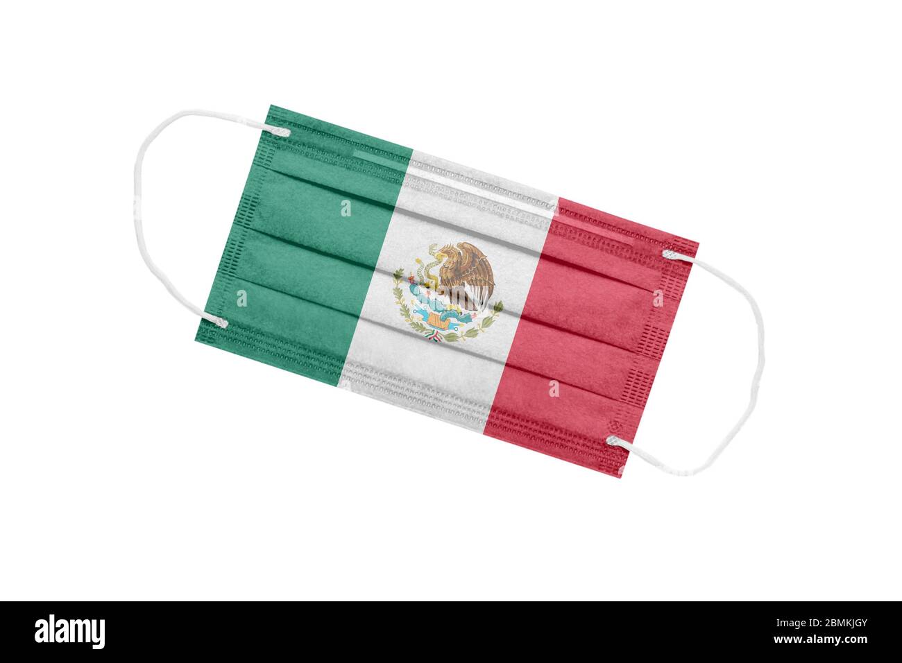 Medical mask with flag of mexico isolated on white. Mexico pandemic concept. Coronavirus outbreak attribute in Mexico. Medicine in Mexico. Stock Photo