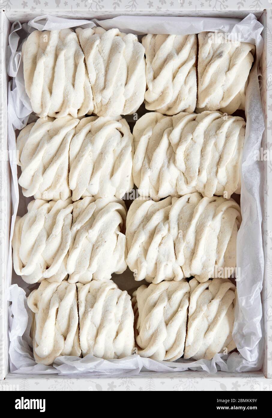 White natural sweet homemade Zephyr or Marshmallow in paper box top view Stock Photo