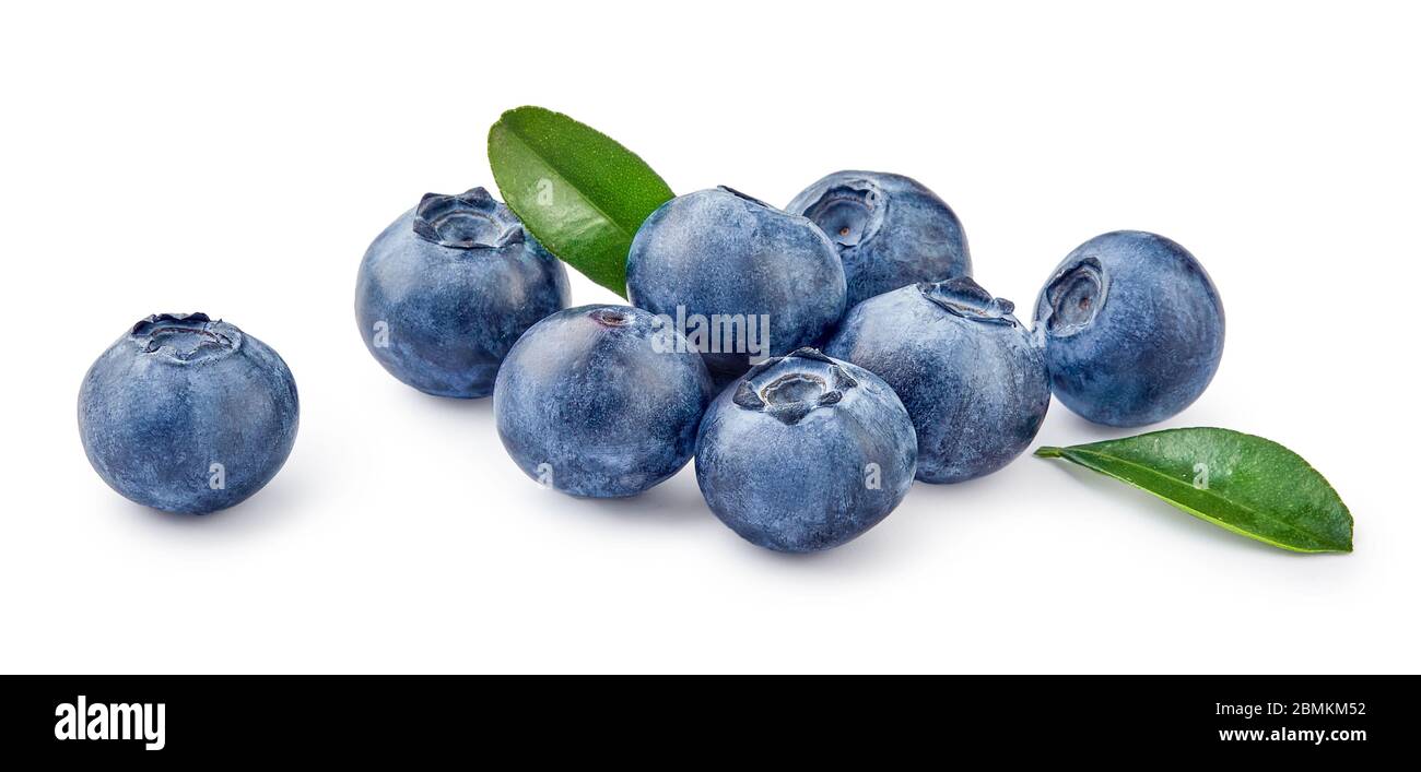 Fresh blueberries with bluberry leaves isolated on white background. Stock Photo