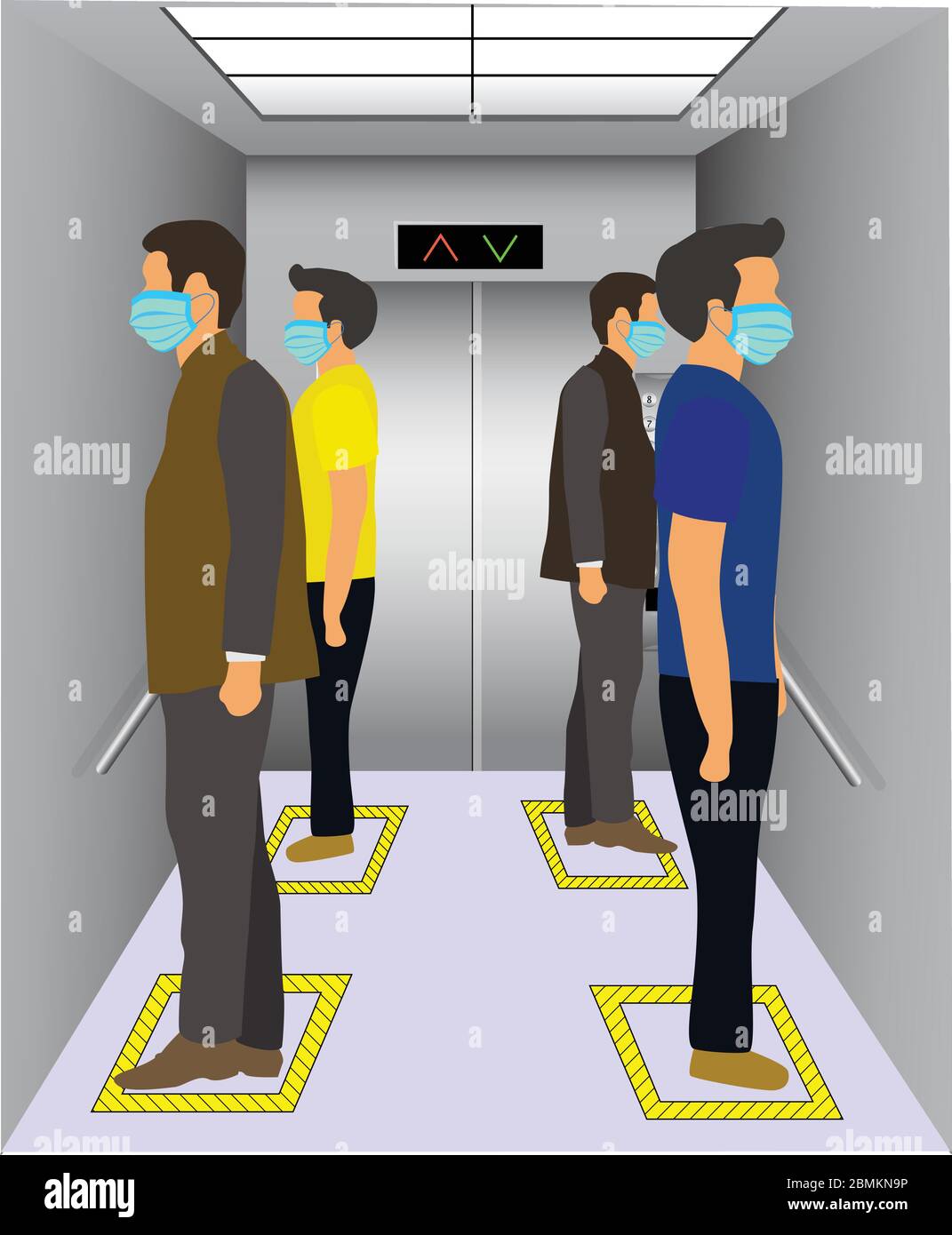 Social distancing in an elevator. Office employees are maintain social distance in lift and elevator for prevention of covid 19 virus. Vector illustra Stock Vector