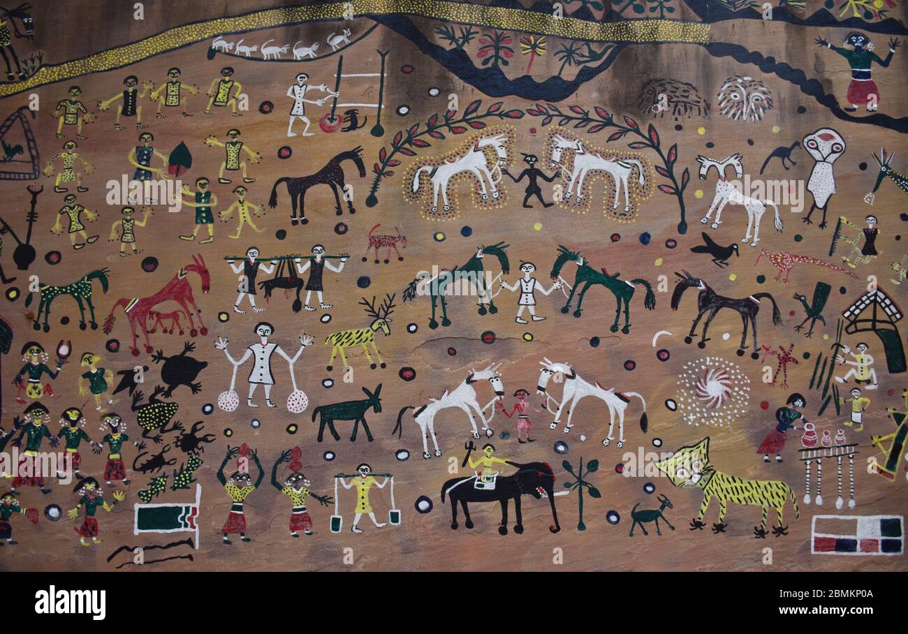 Indian Tribal Painting or Warli Painting at Manav Sangrahalaya Stock Photo