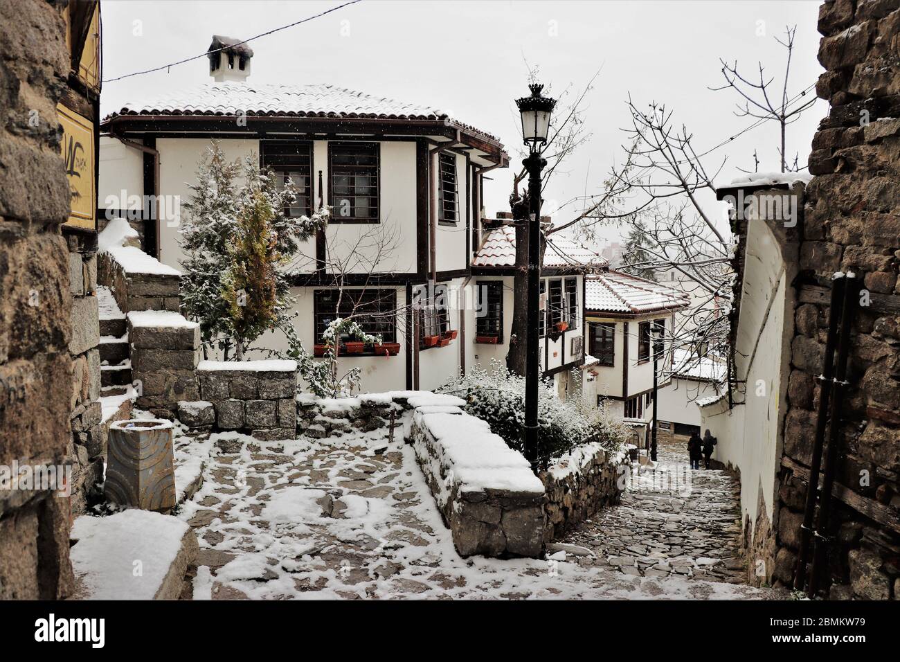 Snowy Day in Plovdiv's Old Town, Bulgaria Stock Photo