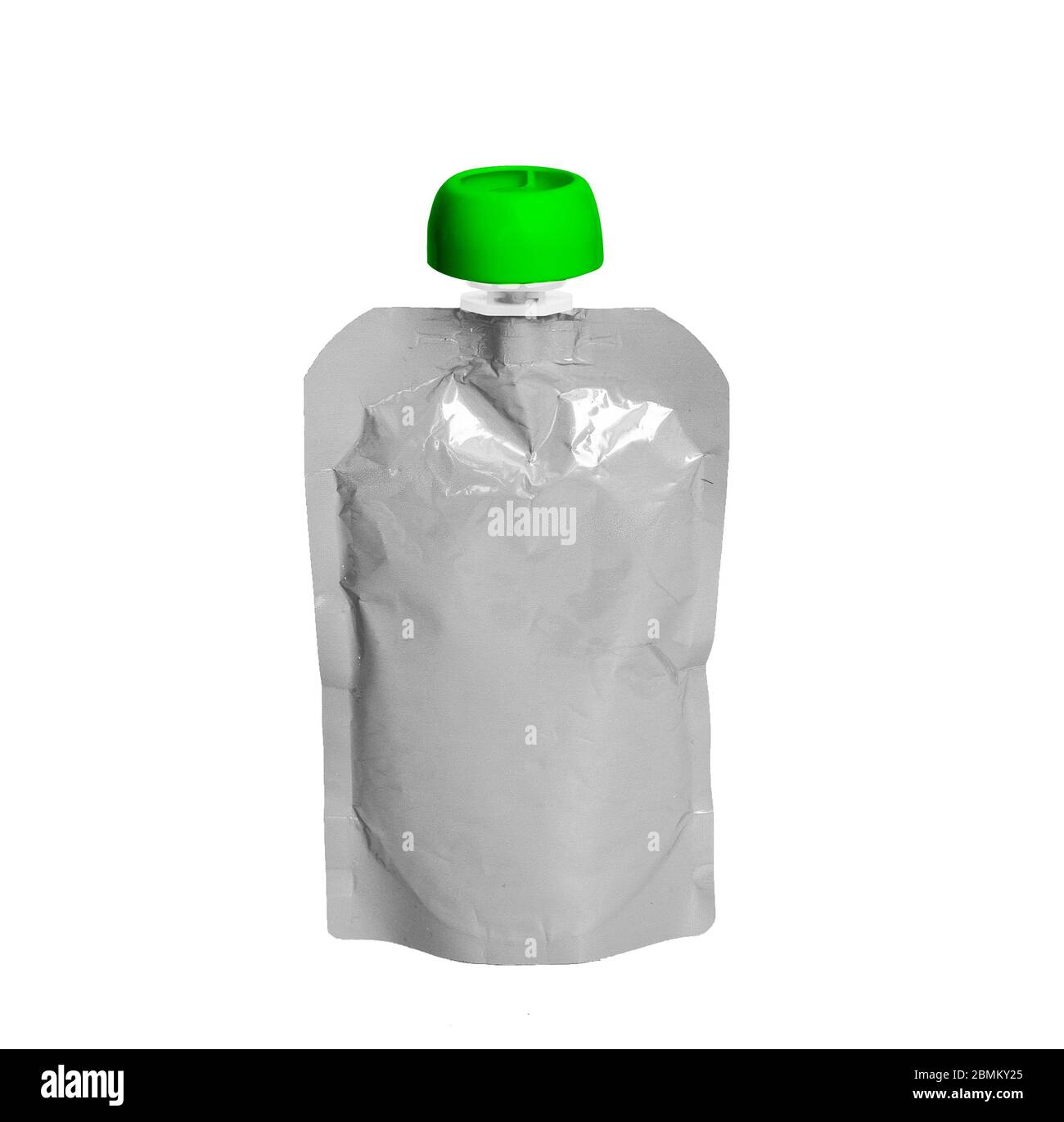 White empty plastic doy pack with spout and round green lid, for baby food, fruit puree, snack on the go, isolated on a white background Stock Photo