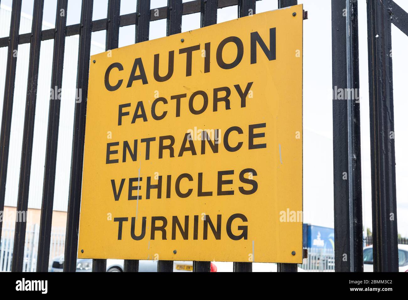 Sign warning of turning factory in vehicles Wallasey Wirral August 2019 Stock Photo