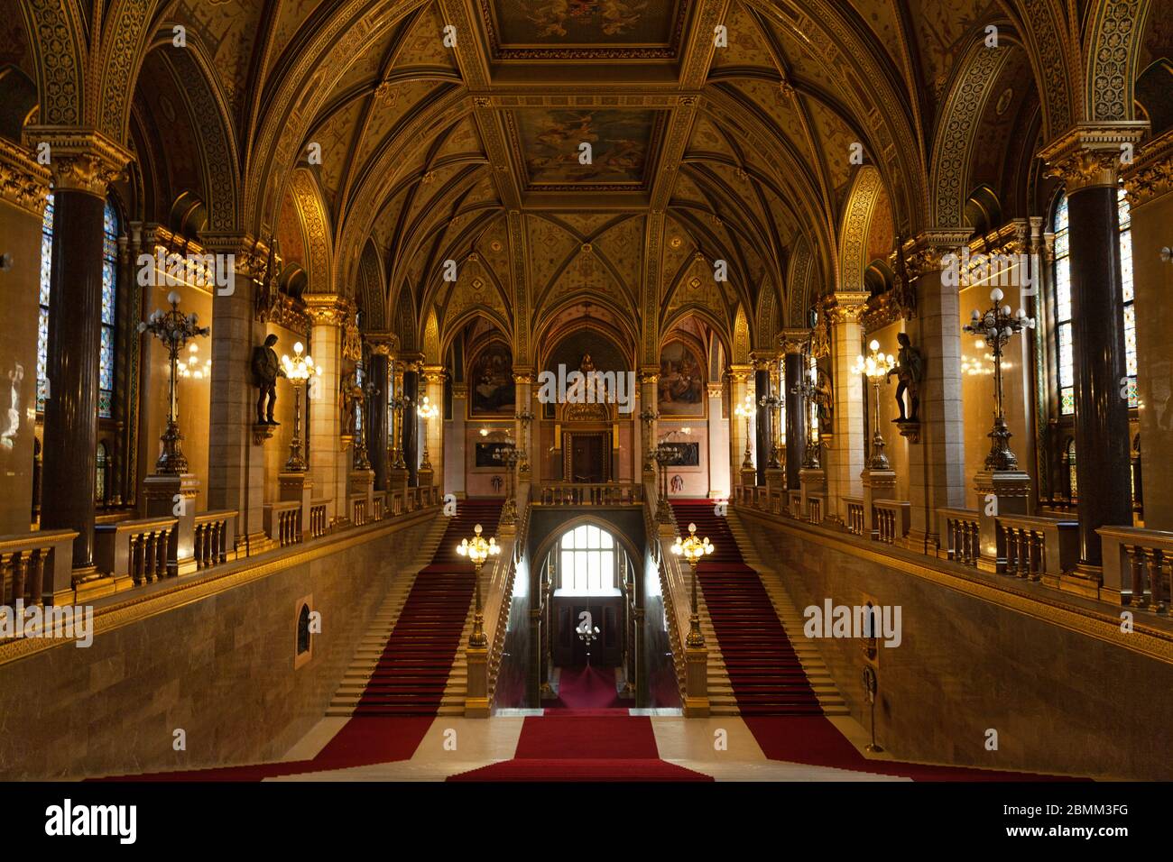 Budapest, Hungary - 6 May 2017: Inside Hungarian Parliament, main building stairway Stock Photo