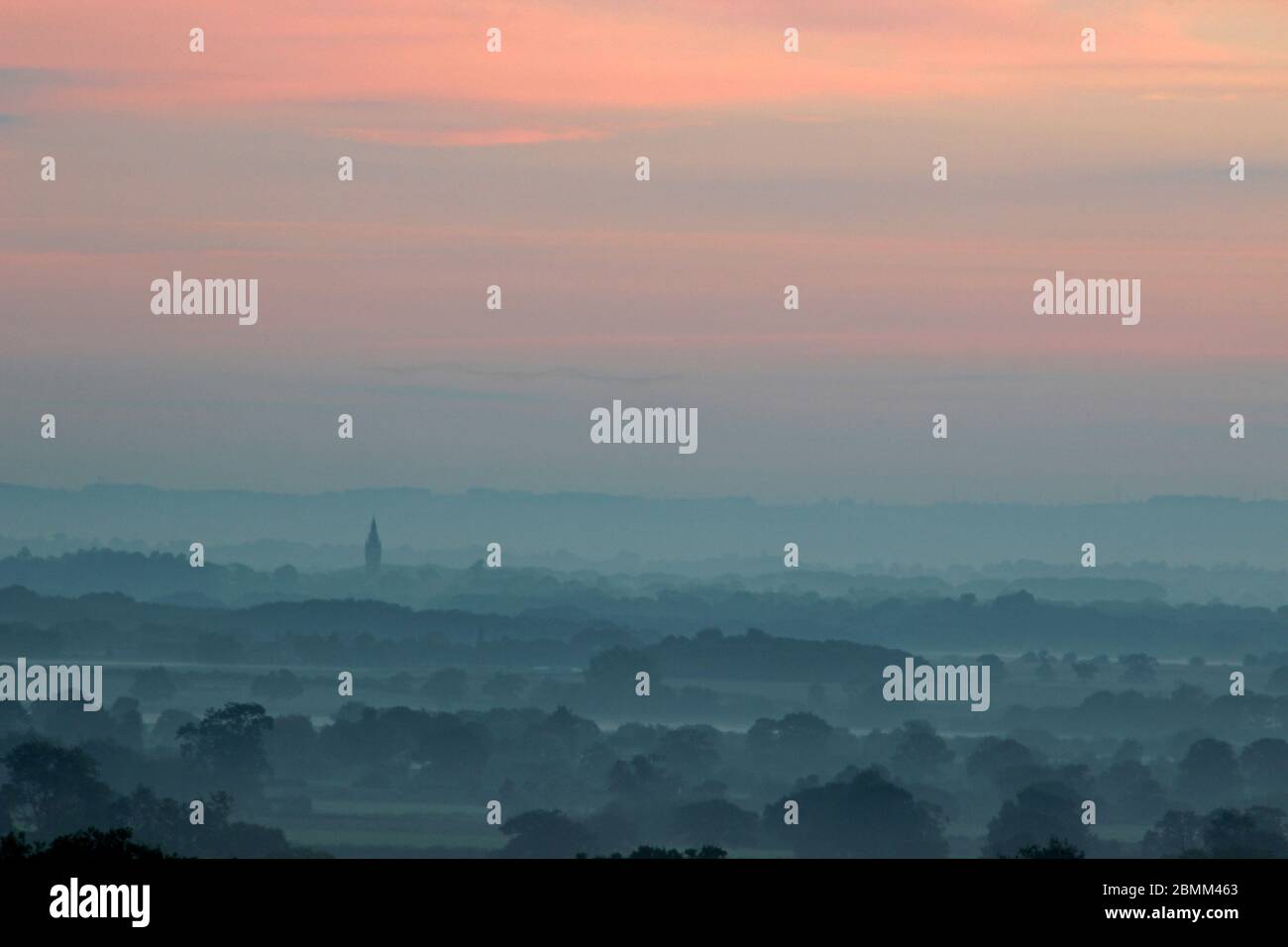Views towards Eaton Hall estate clock tower and Beeston Headlandfrom Borras Head, Wrexham on an