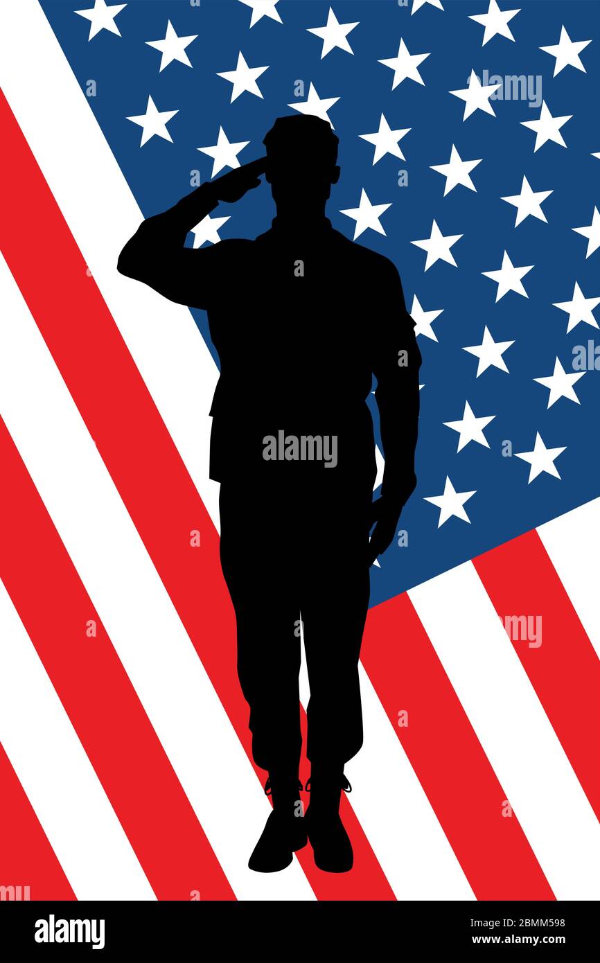 Soldiers silhouette saluting the USA flag for memorial day or veterans ...