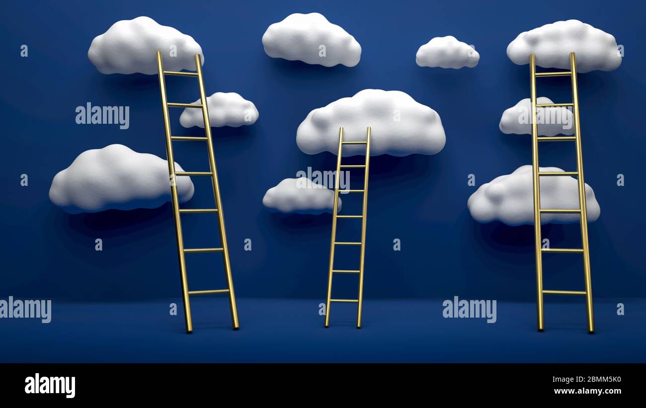 High golden ladders leading to the top clouds flying over blue backgorund. Concept of inspiration, leadership and business achievement. 3D Stock Photo
