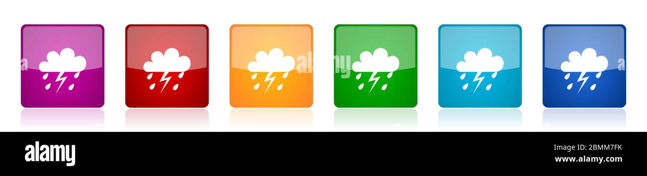 Storm icon set, colorful square glossy vector illustrations in 6 ...