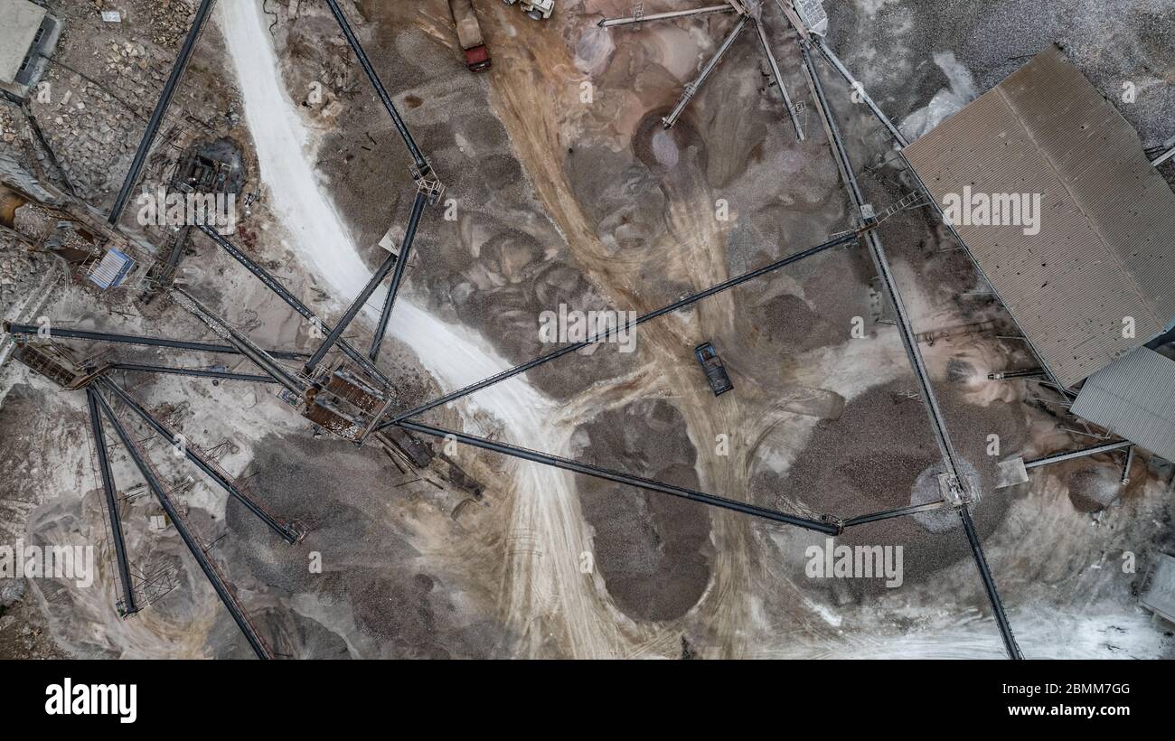 Quarry In Construction Aerial view of crushed stone quarry machine in a construction material ...