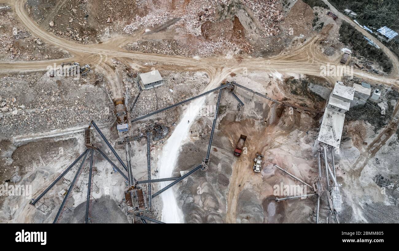 Quarry In Construction Aerial view of crushed stone quarry machine in a construction material ...