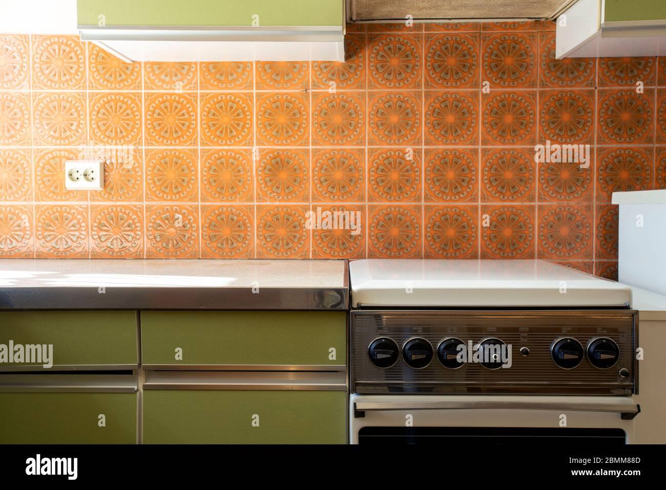 Vintage Retro Kitchen With Orange Pattern Tiles