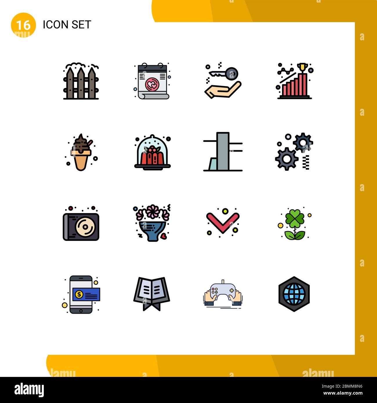Set of 16 Modern UI Icons Symbols Signs for ice cream, dessert, key, step, goal Editable Creative Vector Design Elements Stock Vector