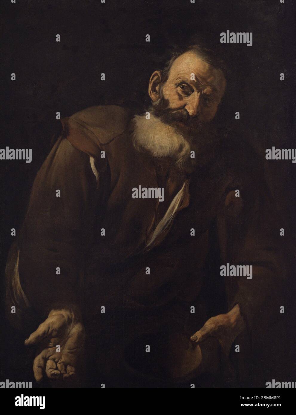 Giacomo Francesco Cipper, called Il Todeschini (1664-1736). Austrian painter. A beggar. Oil on canvas. Depiction of a bearded old beggar leaning over a crutch, with a hat in his hand begging for food or money. National Museum of Fine Arts. Valletta. Malta. Stock Photo