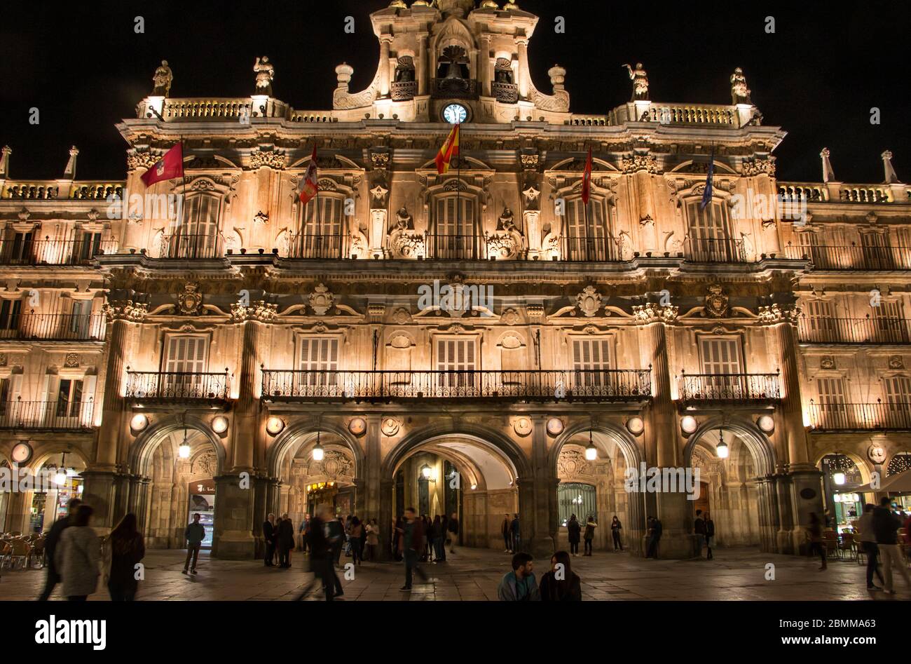 City Hall at Night. Plaza Mayor, Salamanca, Spain Stock Photo