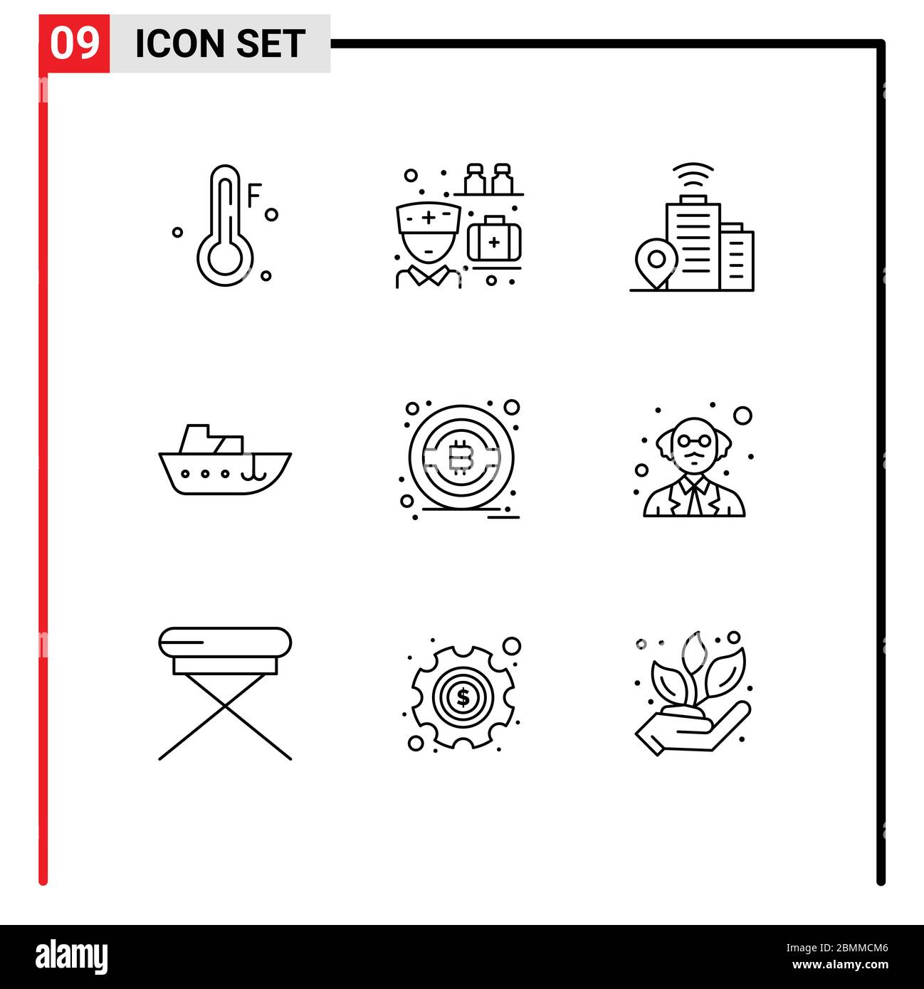 Pack of 9 creative Outlines of person, money, wifi, bitcoin, vessel Editable Vector Design Elements Stock Vector