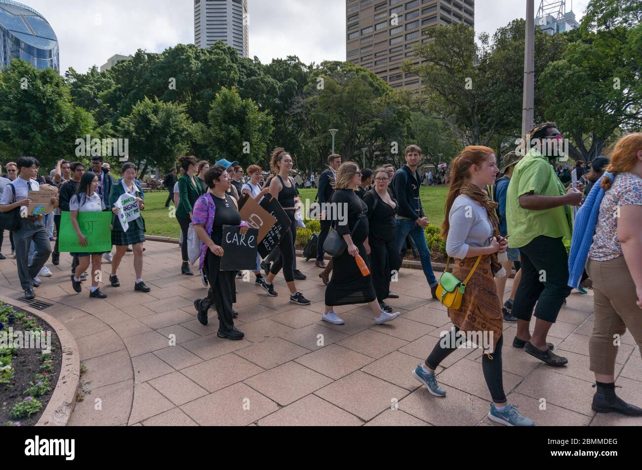 Sydney, Australia - September 20, 2019: People with banners and placards going to protest Stock Photo
