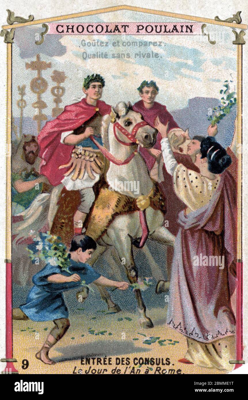 Le 1er janvier a Rome: chez les anciens romains, le premier janvier, les nouveaux Consuls entres en charge. Arrives au Temple de Jupiter, ils offraien Stock Photo