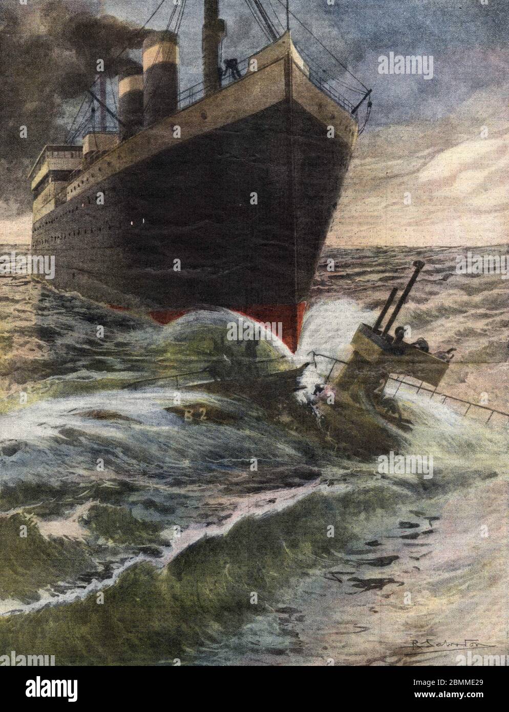 Un transatlantique allemand renverse et brise un sous marin de la flotte anglaise au large des cotes de Douvres - Illustration de Beltrame - 'La Domen Stock Photo