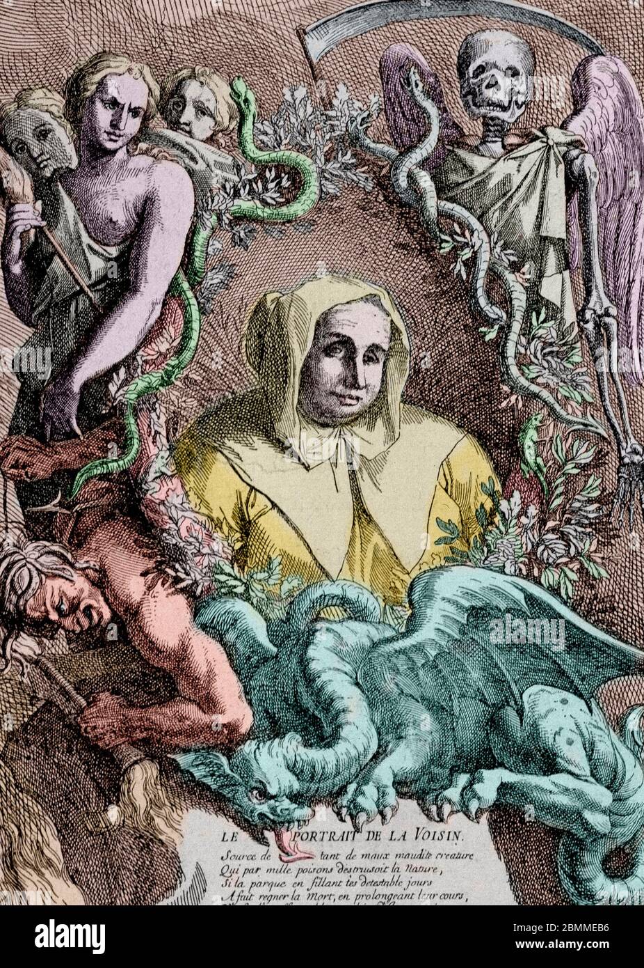 Affaire des Poisons : portrait de Catherine Deshayes, epouse Monvoisin et surnommee La Voisin (1640-1680) - gravure de Coypel, sd Stock Photo