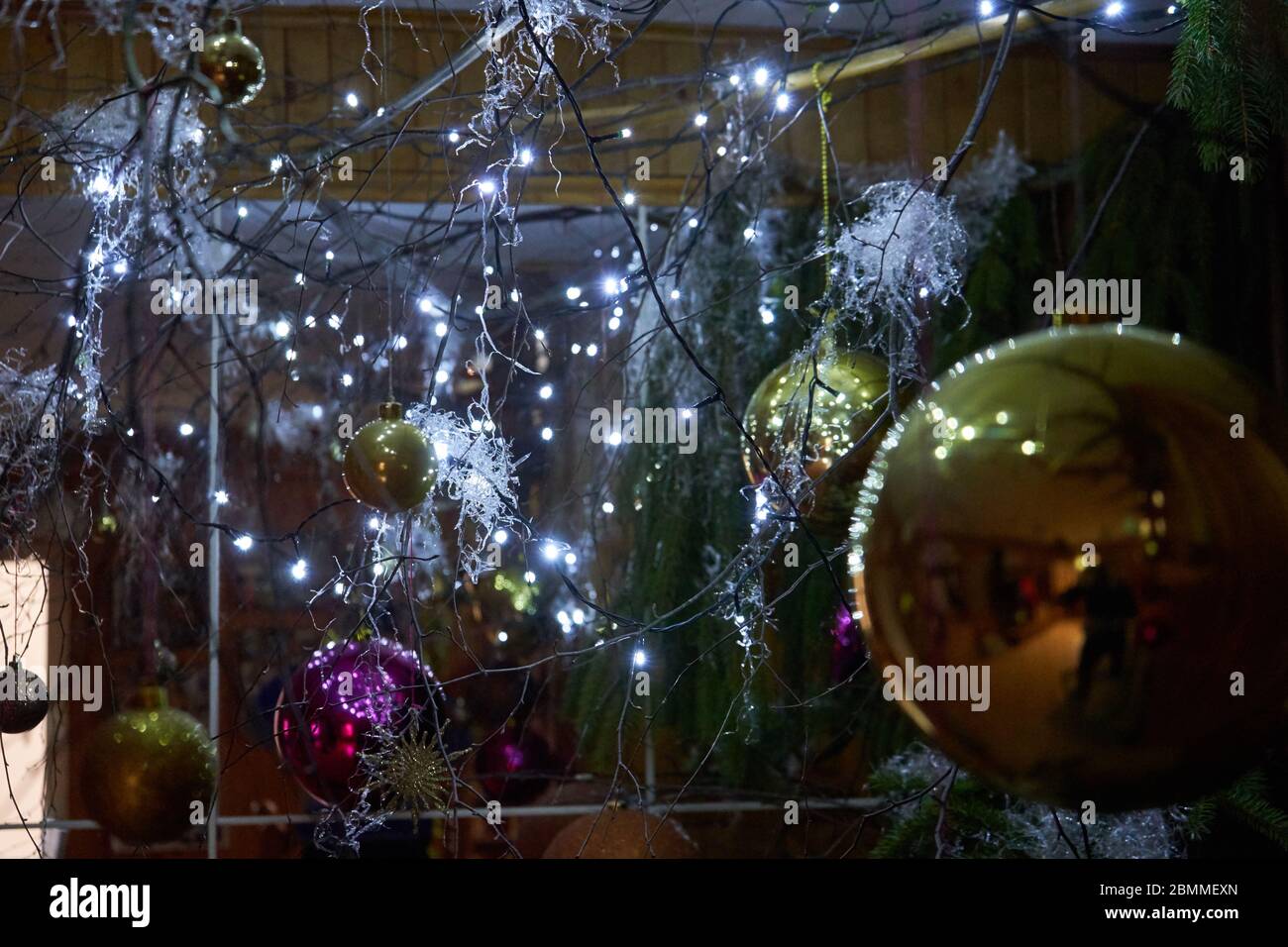 Christmas tree with lights and balls Stock Photo