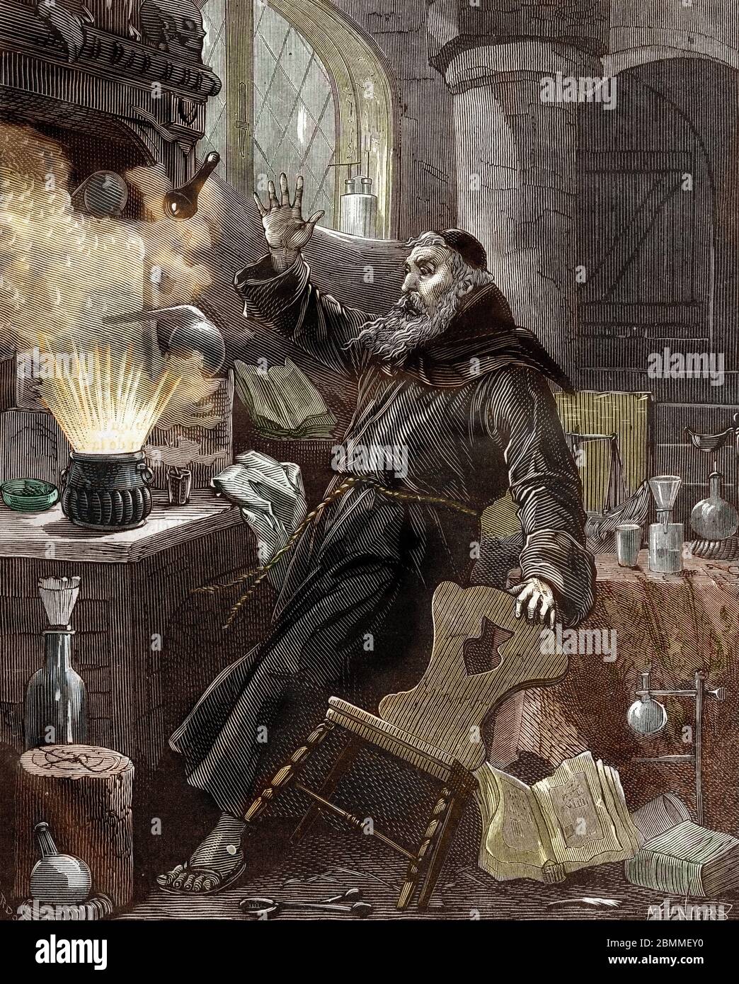 L'invention de la poudre : representation de Berthold Schwarz (ou Schwartz) (dit le Noir) (vers 1318 - vers 1384) chimiste, alchimiste et franciscain Stock Photo