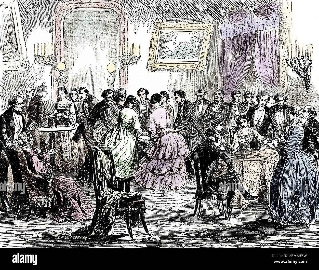 Esoterisme et mode : seance de spiritisme (table tournante) dans un salon de la haute societe parisienne, mai 1853 (Spiritism, a spiritistic seance du Stock Photo