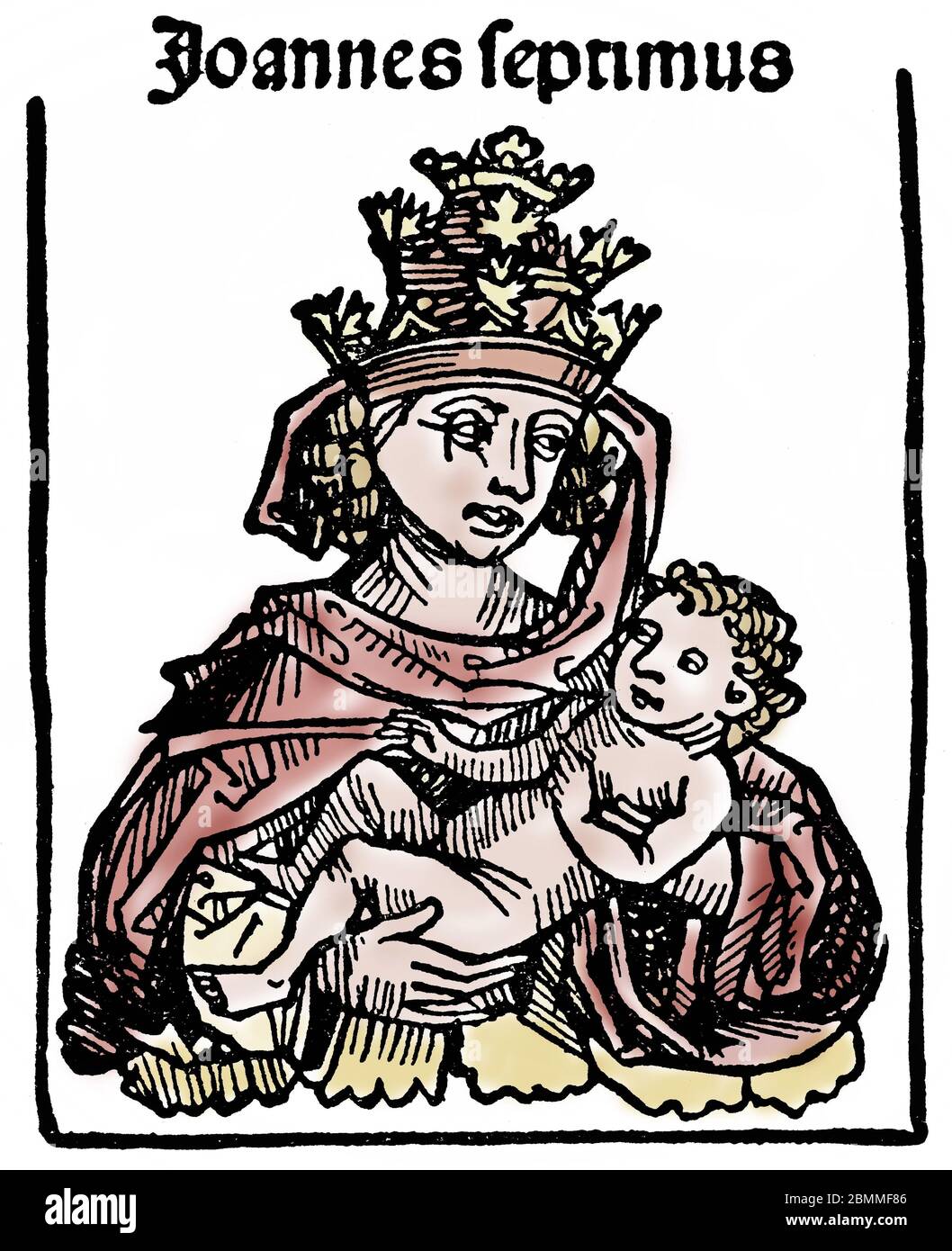 'La papesse Jeanne en habits pontificaux, tenant son bebe dans les bras' Gravure) (representation of Pope Joan with her child) Collection privee Stock Photo