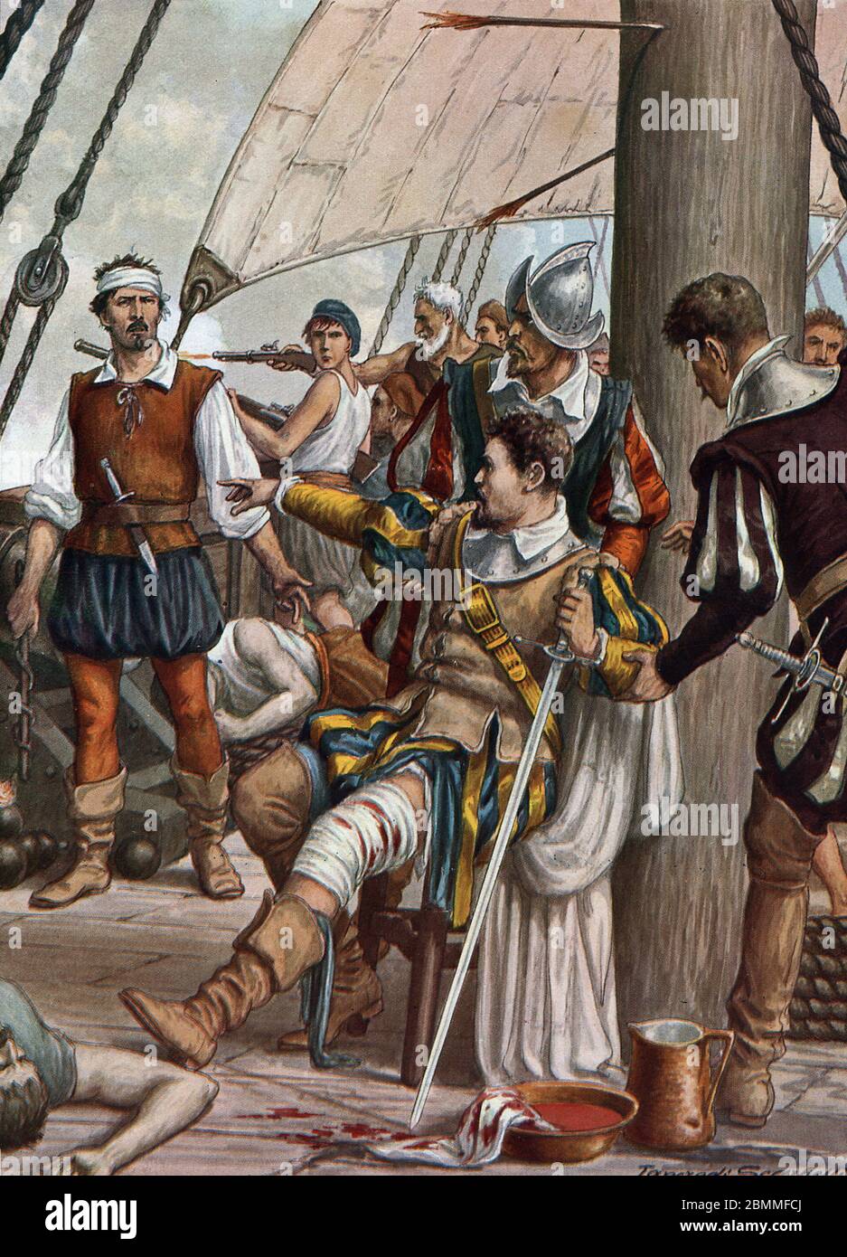 'La mort du navigateur Lourenco de Almeida (vers 1480-1508) lors de la bataille de Chaul, Inde 1508' (Death of portughese navigator Lourenco de Almeid Stock Photo