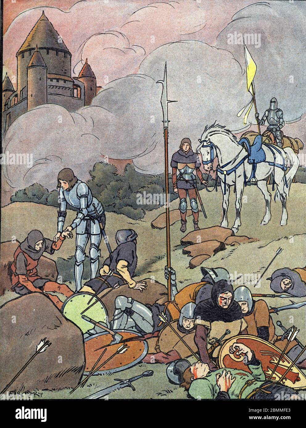 Guerre de cent ans : 'La jeune Jeanne d'Arc (1412-1431) soignant et reconfortant les blesses apres la bataille d' Orleans, 1429'  (War of Hundred year Stock Photo