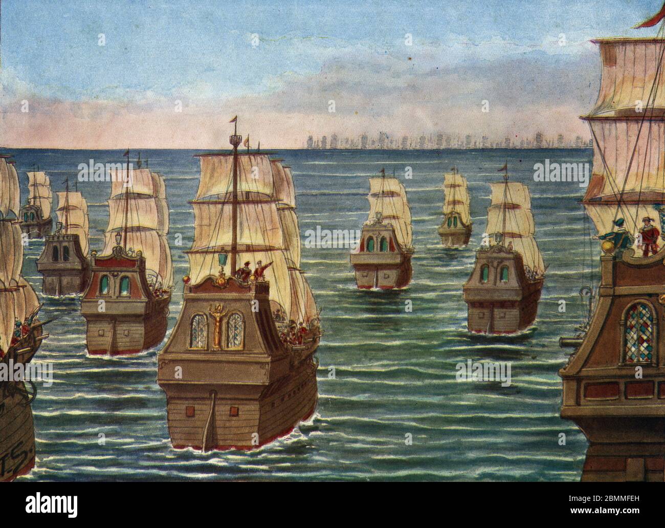 'Bataille navale de Cananor opposant la flotte de Lourenco de Almeida navigateur et militaire portugais a celle de Calicut, mars 1506' (The Battle of Stock Photo