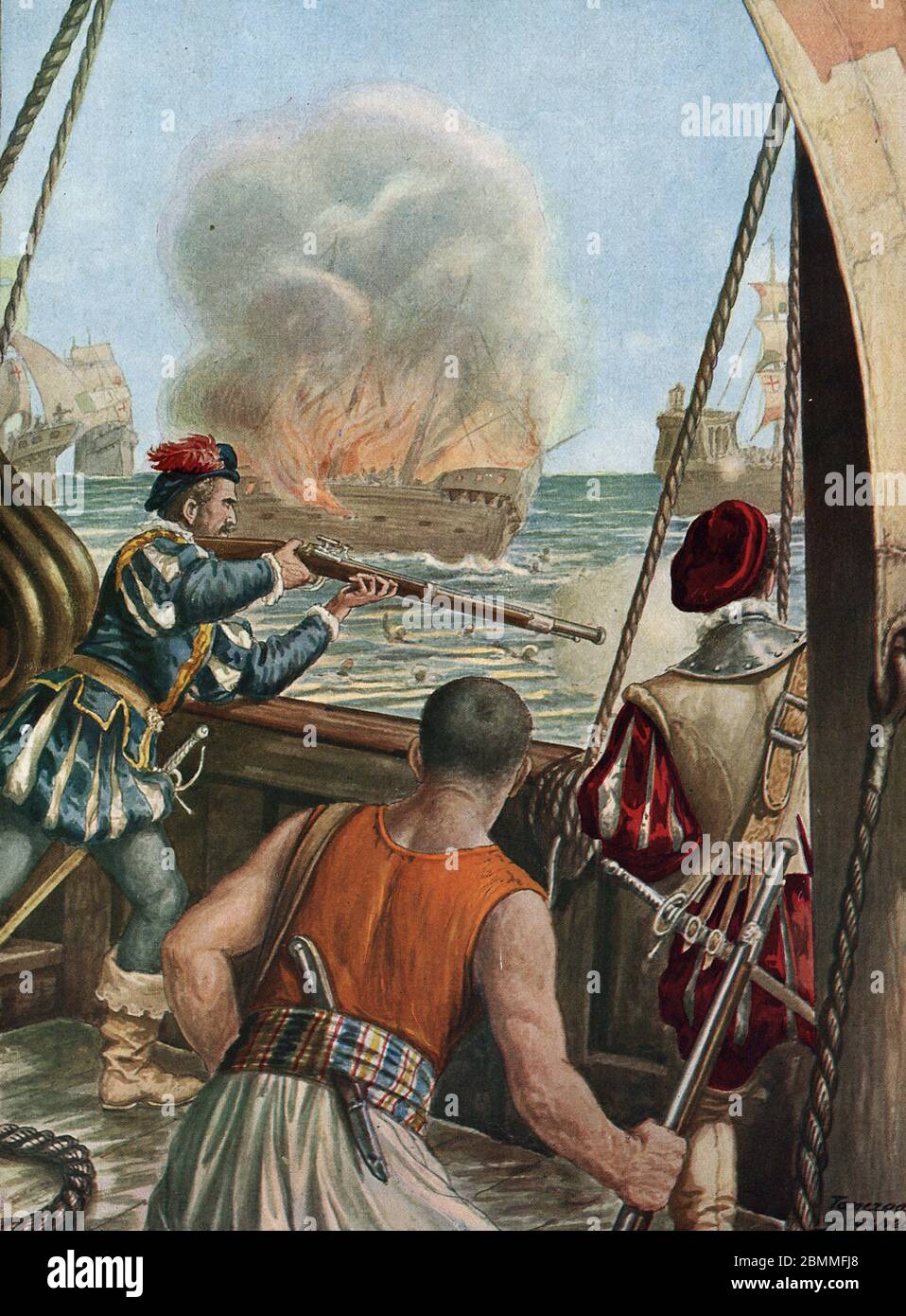 Deuxieme expedition aux Indes (1502-1503) 'Bataille navale entre la flotte portugaise de Vasco de Gama et celle de Calicut, les portugais incendient l Stock Photo