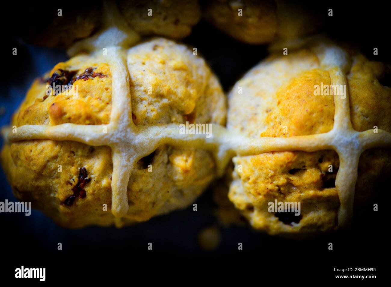 Home Made Easter Hot Cross Fruit Buns Stock Photo