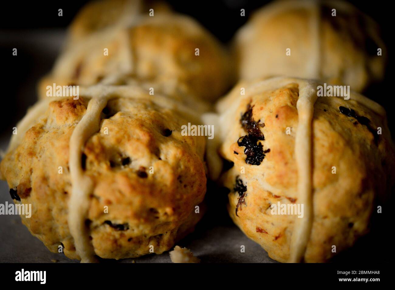 Home Made Easter Hot Cross Fruit Buns Stock Photo