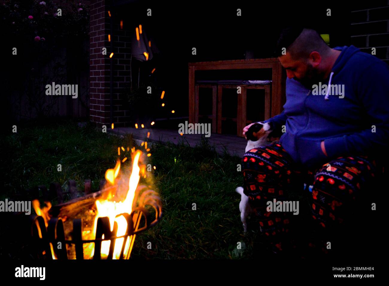 Man Patting Dog Sitting in Backyard in Front of Fire Pit in Dark Stock Photo