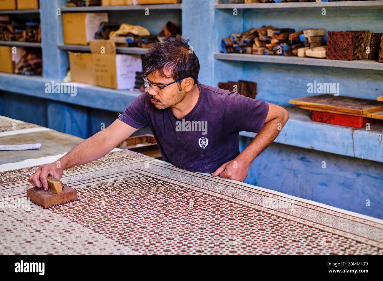 India, Gujarat, Kutch, Bhuj, Ajrakhpur, Ajrak block printing textile