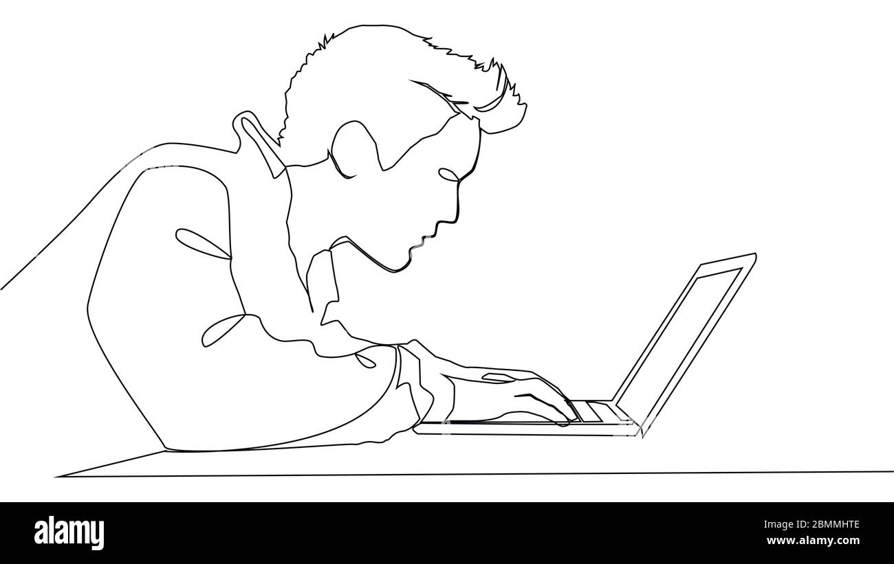 businessman working on laptop computer - single line drawing Stock ...