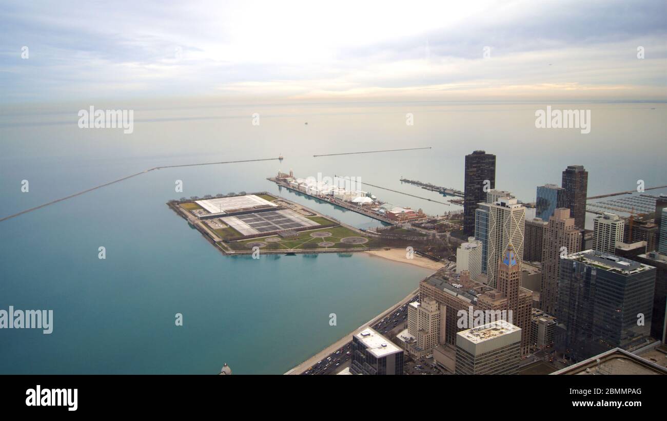 CHICAGO, ILLINOIS, UNITED STATES - DEC 11th, 2015: View from John Hancock tower, Chicago and Lake Michigan panoramic view. City skyline from 360 Stock Photo