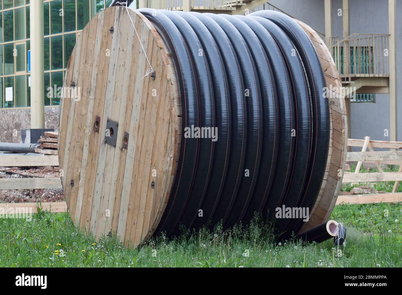 Large polyethylene pipes in the coil for gas and water are liyng on the