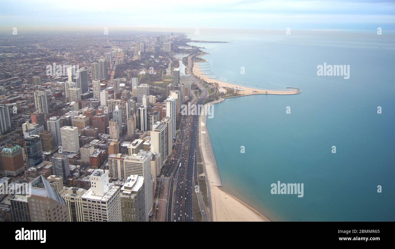 CHICAGO, ILLINOIS, UNITED STATES - DEC 11th, 2015: View from John Hancock tower, Chicago and Lake Michigan panoramic view. City skyline from 360 Stock Photo