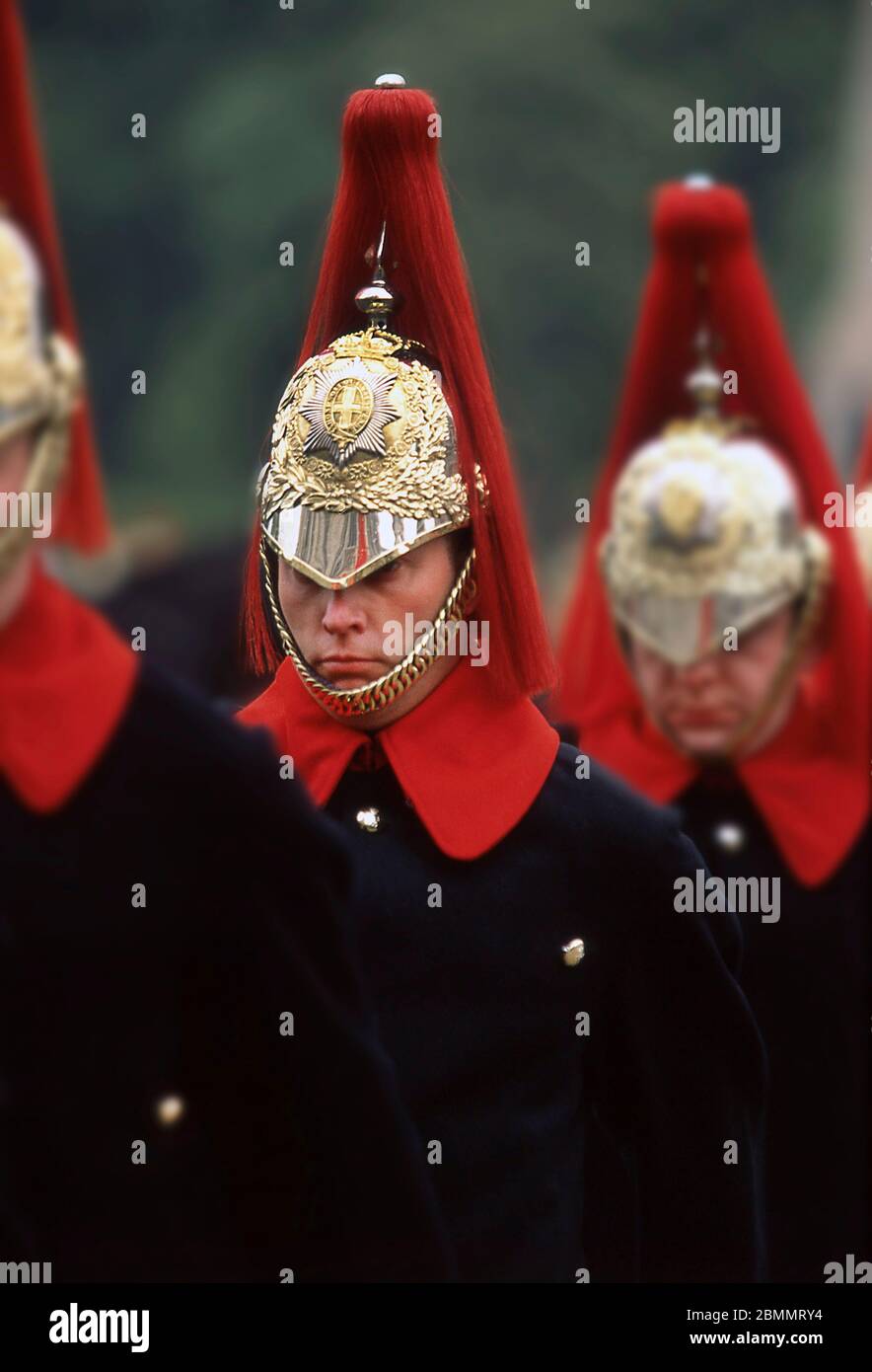 Members of the Household Division  Blues and Royals rehearsing for ceremonial on Horse guards Parade London 2006 Stock Photo