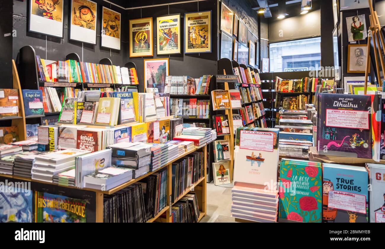 Multi -BD Belgian comic book store in Brussels city (122-124 bd Anspach) - Brussels, Belgium Stock Photo