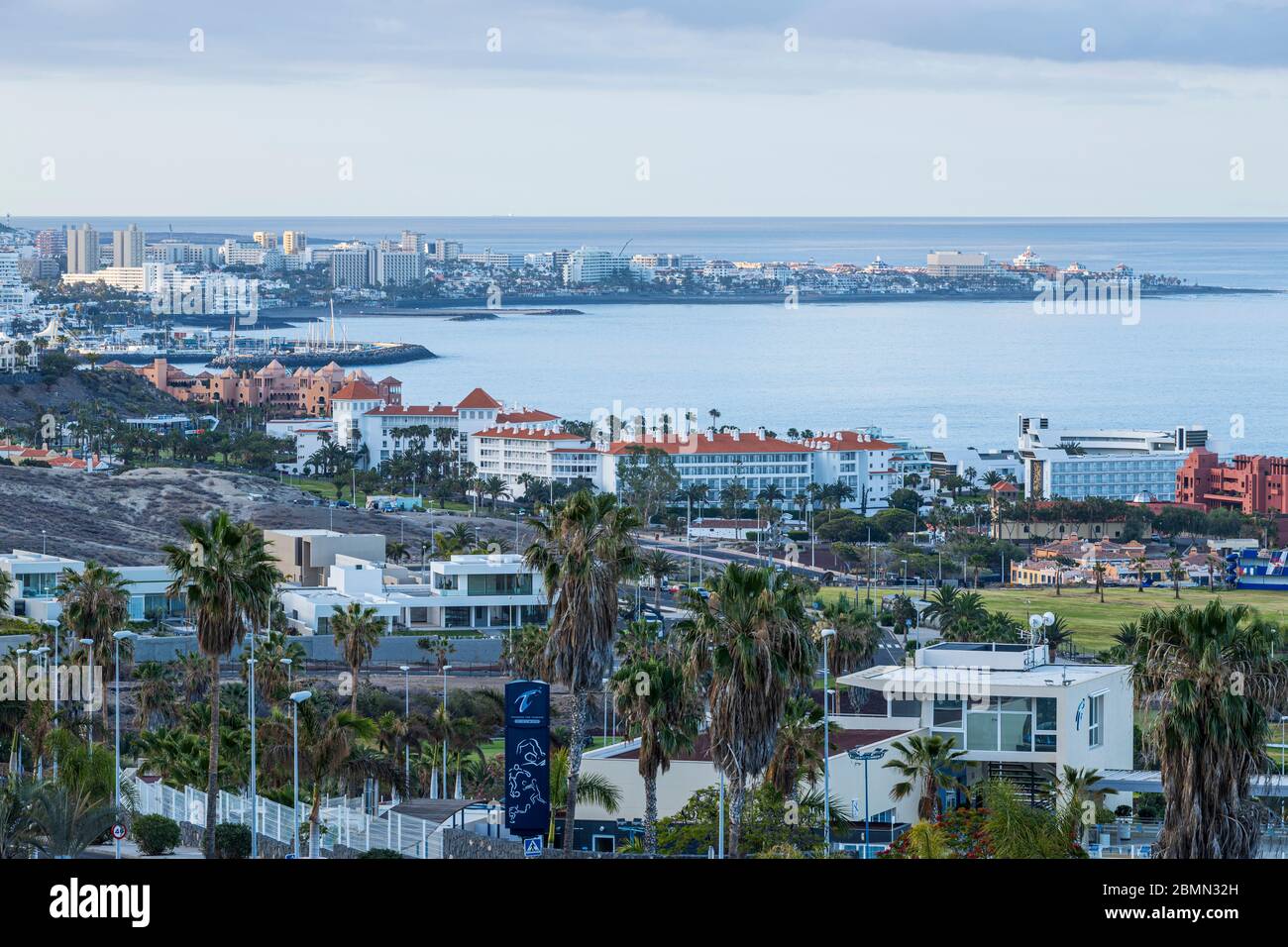 View over the coastal resorts at dawn during the covid 19 lockdown in the tourist resort area of Costa Adeje, Tenerife, Canary Islands, Spain Stock Photo