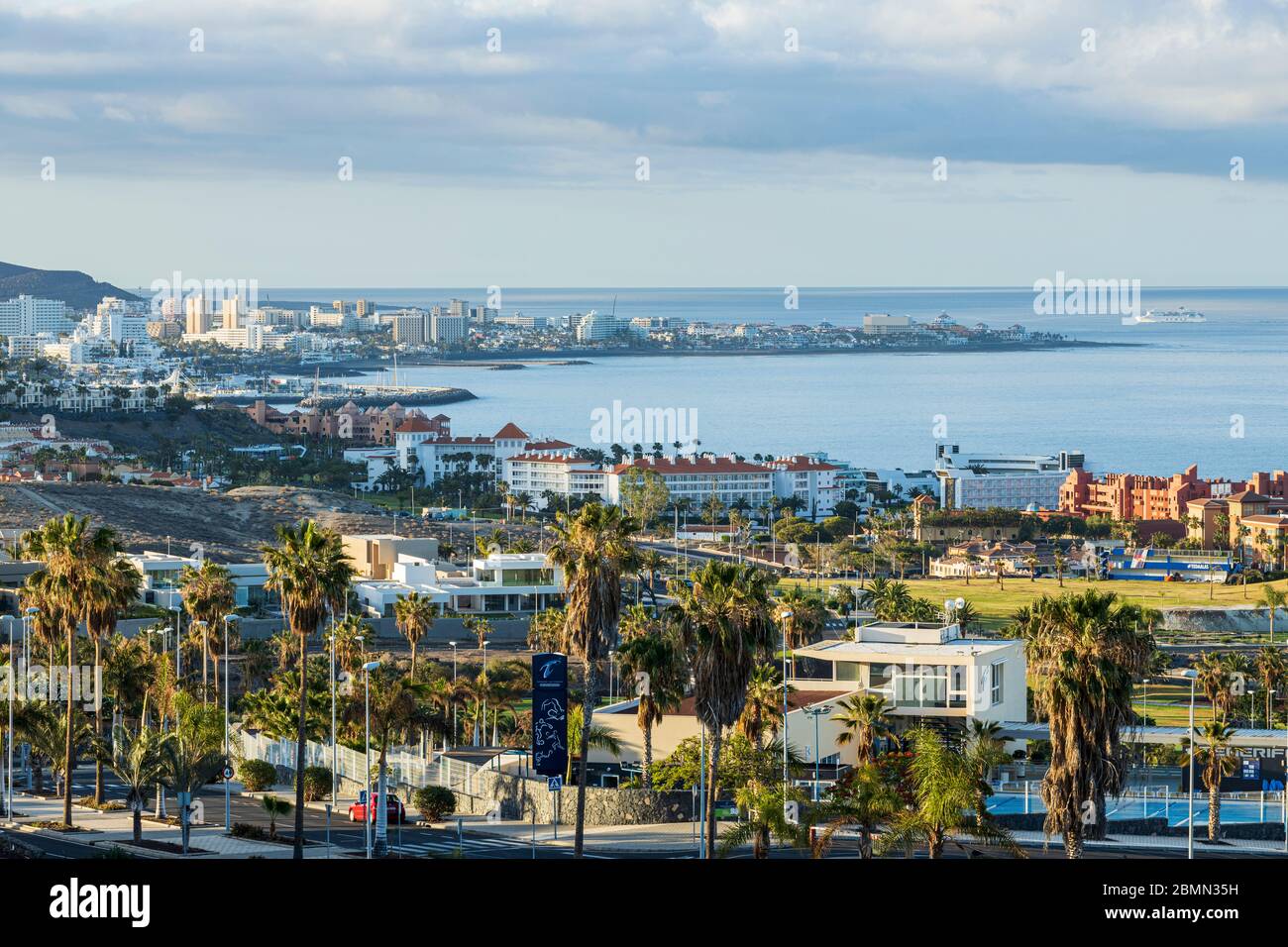 View over the coastal resorts at dawn during the covid 19 lockdown in the tourist resort area of Costa Adeje, Tenerife, Canary Islands, Spain Stock Photo