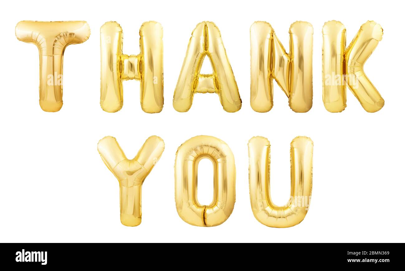 Words thank you made of golden inflatable balloon letters isolated on