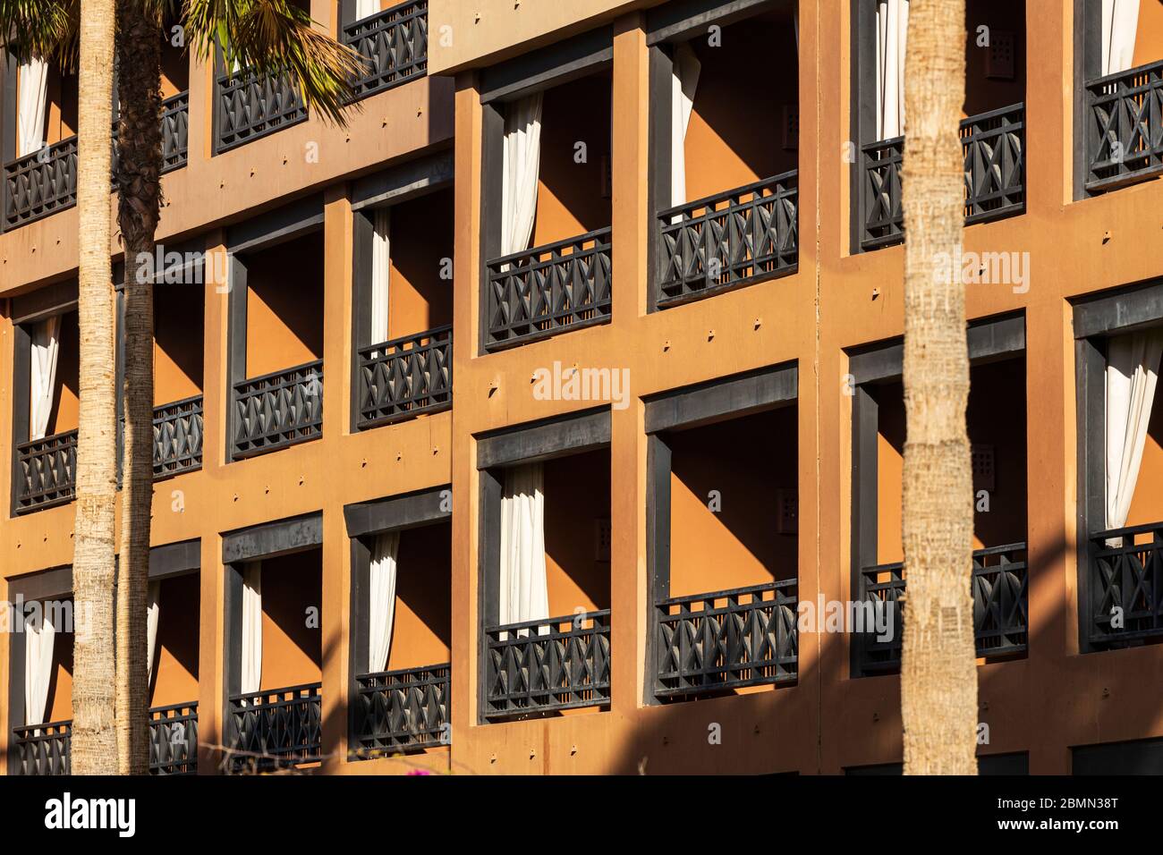 Empty, deserted balconies on the hotel H10 Costa Adeje Palace during the covid 19 lockdown in the tourist resort area of Costa Adeje, Tenerife, Canary Stock Photo