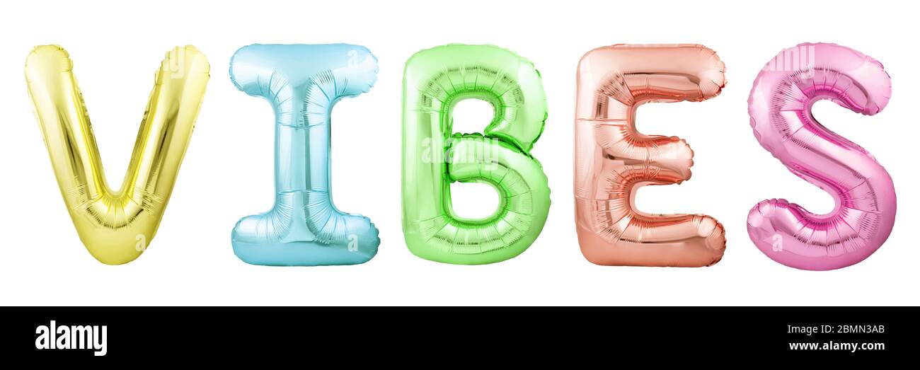 Word vibes made of colorful inflatable balloon letters isolated on
