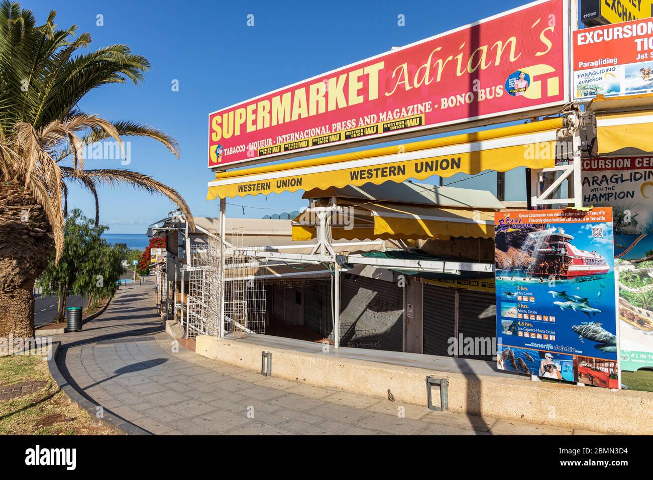 Closed businesses and shops in Torviscas during the covid 19 lockdown in the tourist resort area of Costa Adeje, Tenerife, Canary Islands, Spain Stock Photo